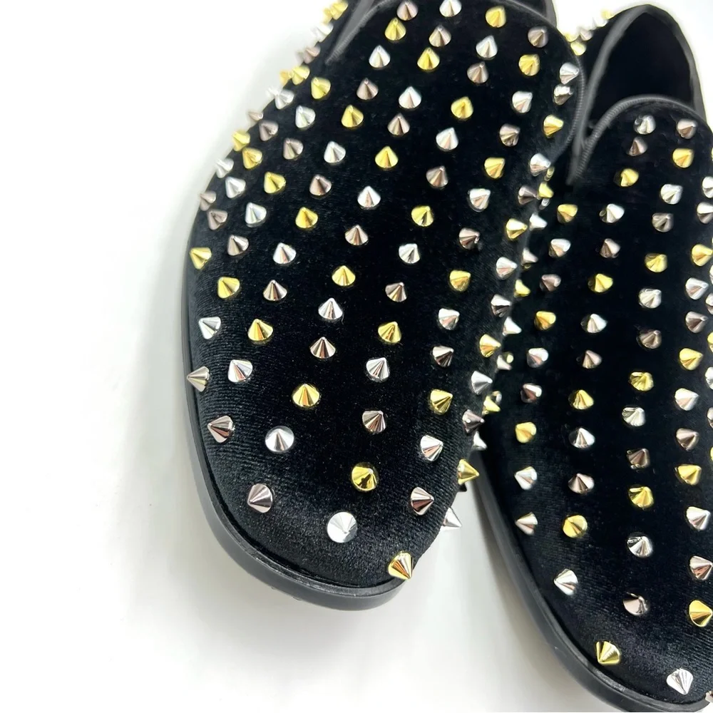 Stacy Adams Mens 9.5 Spire Black Velvet Gold Silver Spiked Studded Loafers Shoes